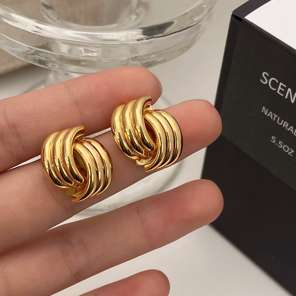 Fashion Glossy Three-Layer Textured Intersecting Knot Earrings for Women Gold Color Stainless Steel Earring Vintage Jewelry