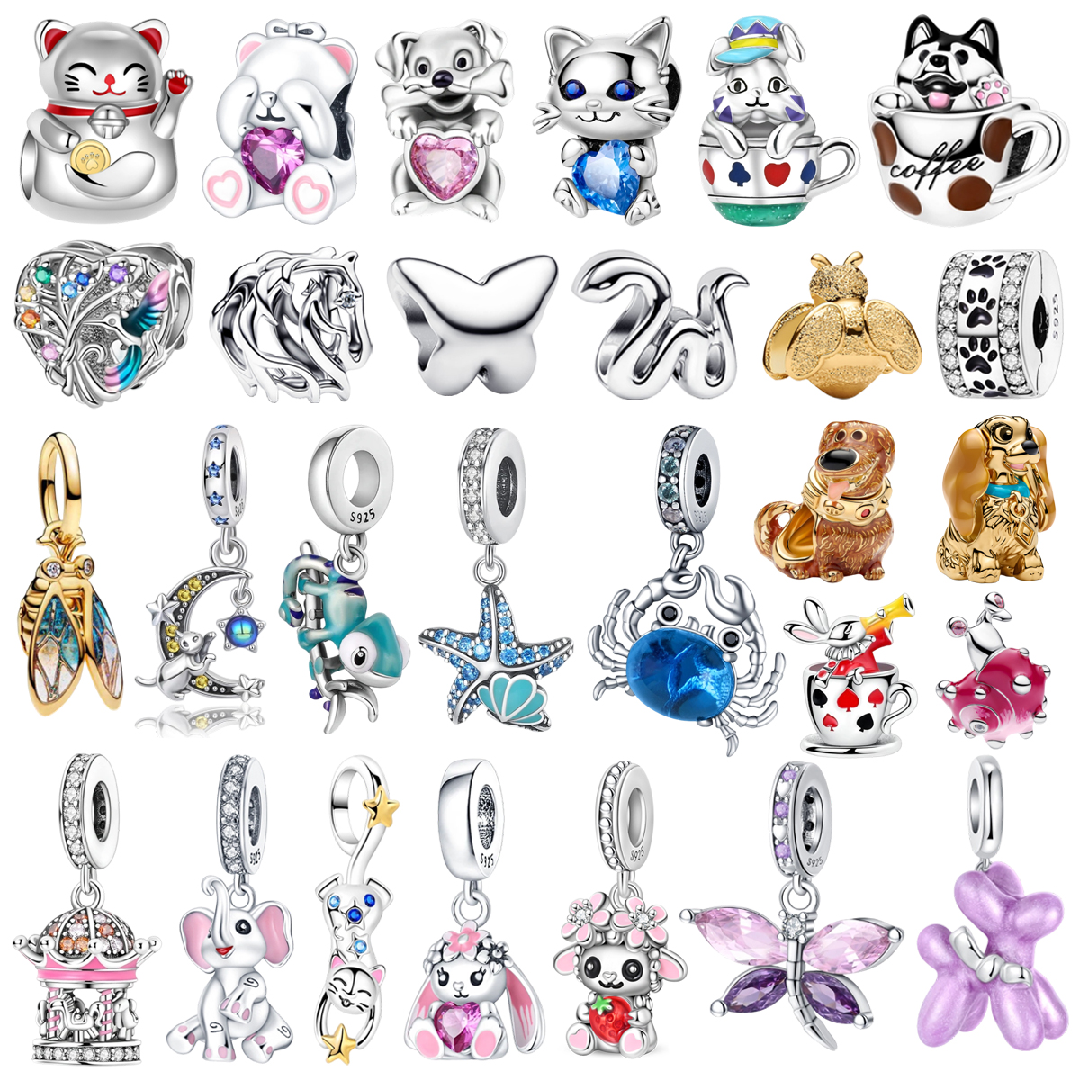 New 925 Sterling Silver Cute Animal Theme Butterfly Dog Lucky Cat Rabbit Bead Pendant fit Women's Bracelet Necklace Jewelry