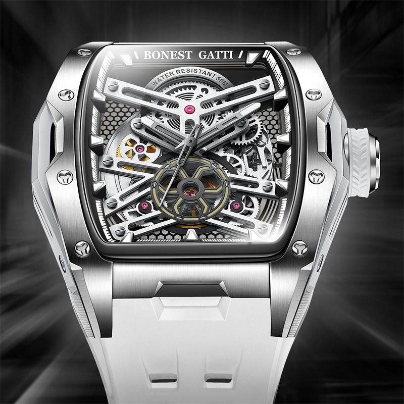 BONEST GATTI German Craftsmanship Men's Watch | Luxury Tonneau Stainless Steel Skeleton Automatic Mechanical Movement Wristwatch
