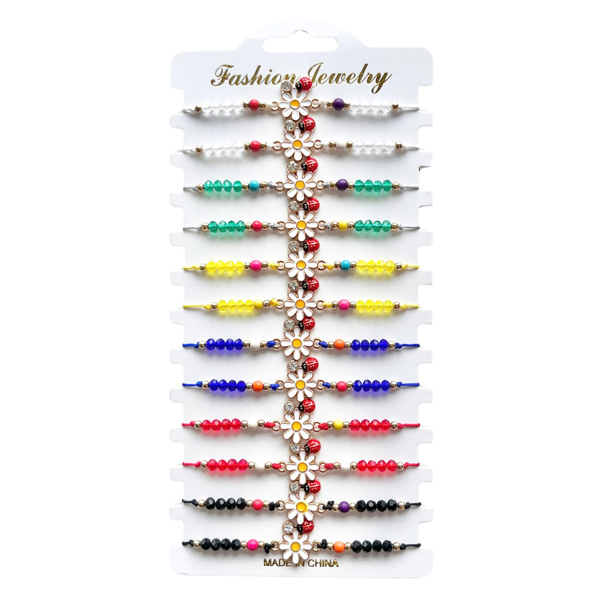 12 Piece Set Multi-Color Crystal Bead Bracelets Daisy Ladybug Cartoon Design Fashionable Cute Unisex Bracelets for BoysAnd Girls