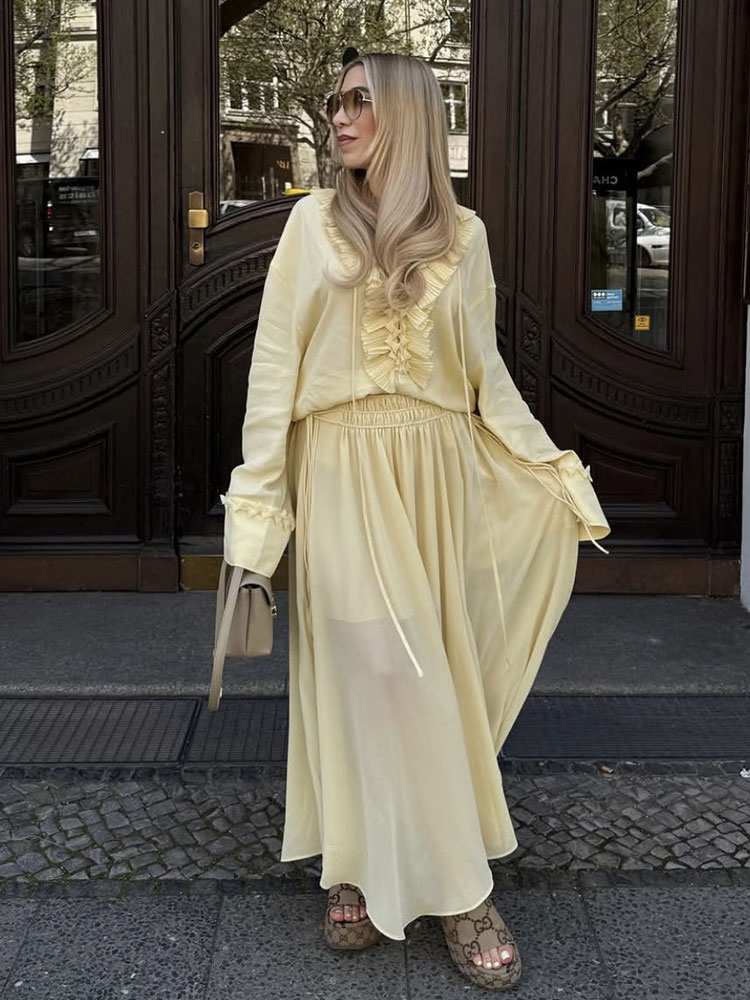 HH Women Yellow 2 Piece Set Elegant Ruffled Lace-up Shirts High Waist Pleated Midi Skirt Summer Lady High Street Outfits