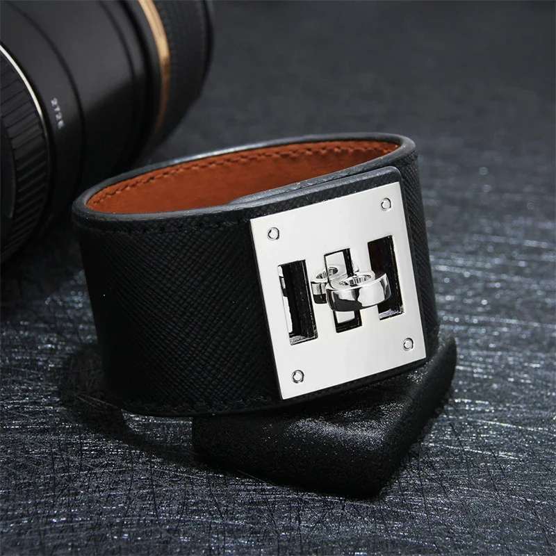 European Fashion Punk Leather Wide Bracelet Women New Hand Cuff 5 Color Bangle Silver Metal Aesthetic Jewelry Valentines