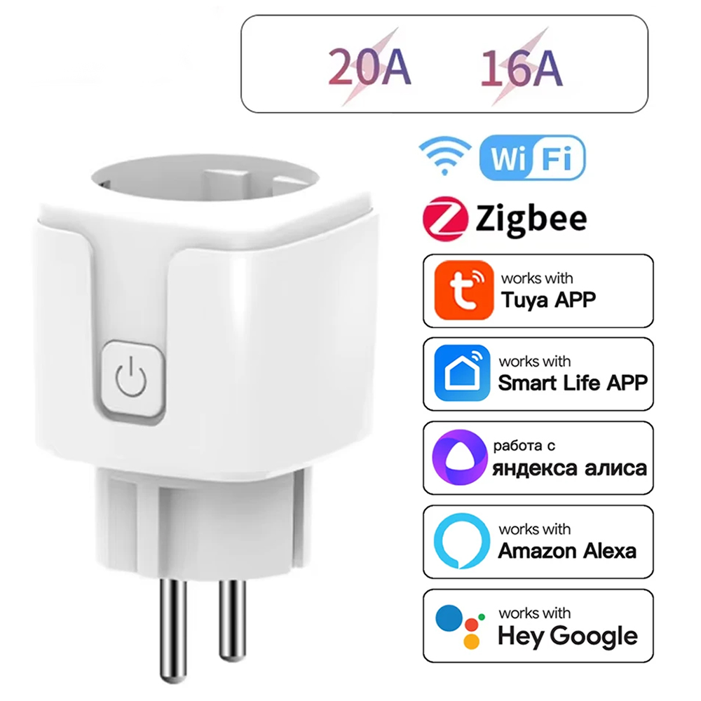 Smart WiFi or ZigBee 3.0 Socket EU Plug 16A/20A Outlet Power Monitor Voice Control work with Tuya Alexa Assistant