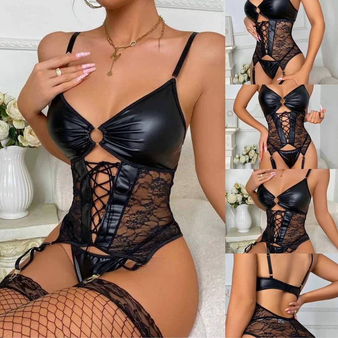 Faux Leather Bodysuit Backless lingerie Set