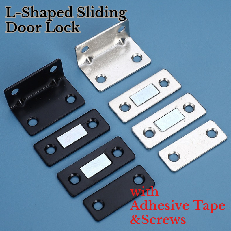 2/4/8/12PCS L-Shaped Sliding Door Lock with Adhesive Tape& Screws No Drill Magnetic Invisible Cabinet Closet Lock Home Hardware