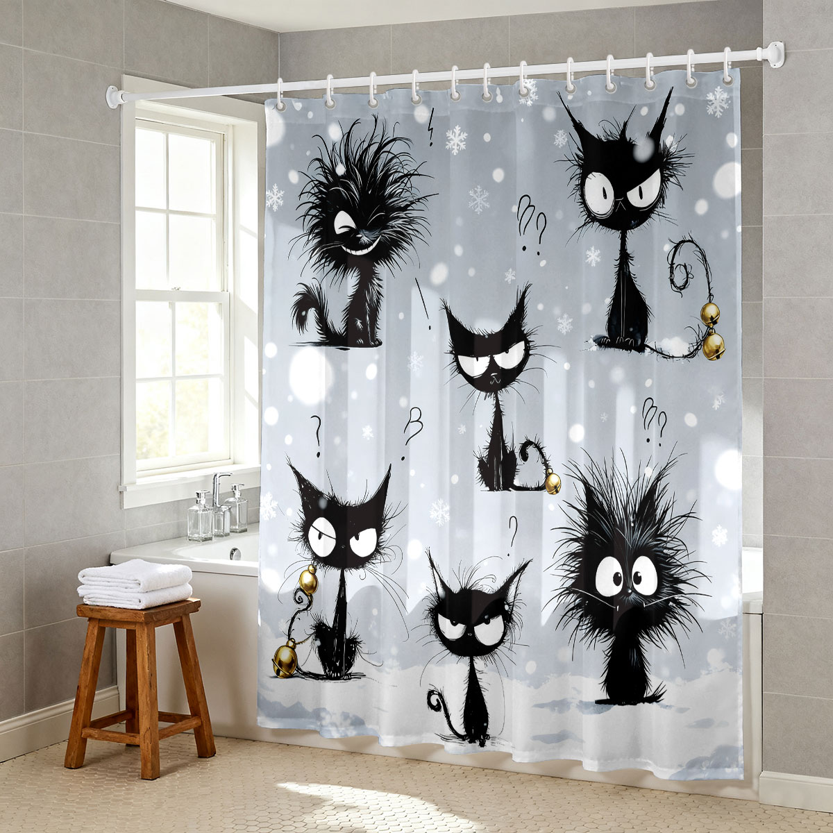 1pc Cute Cartoon Cat Print Waterproof Shower Curtain Hanging Curtain 12 Hooks Multi Size Decoration Machine Washable