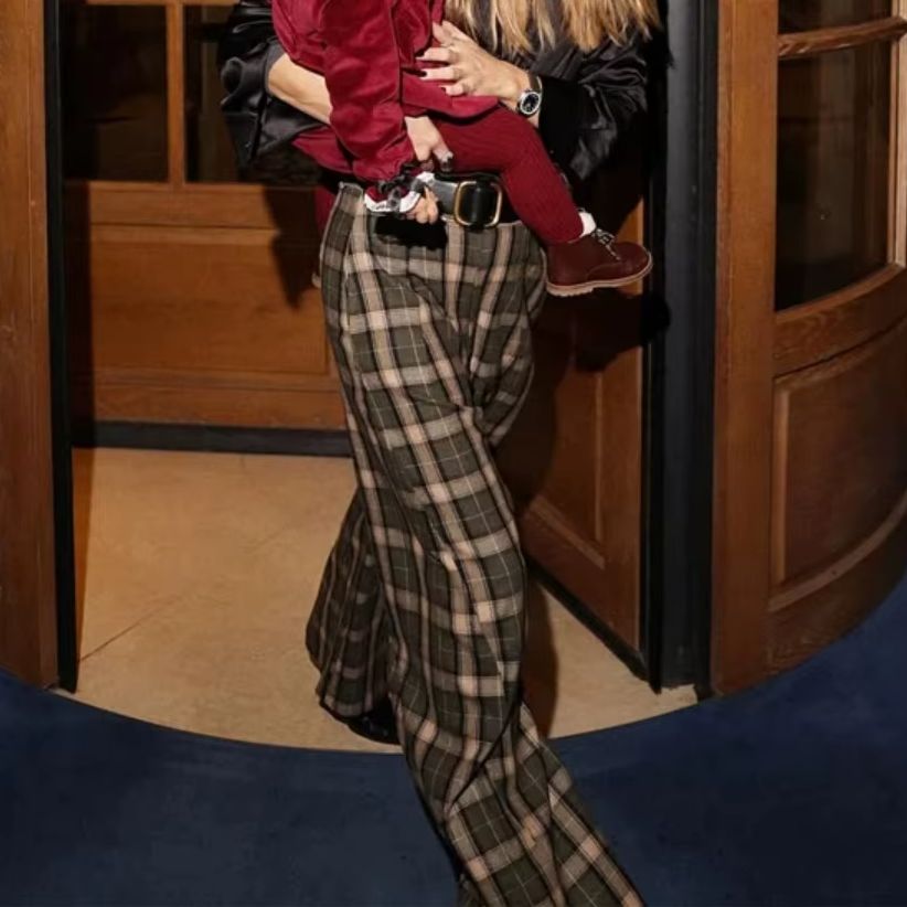 Casual Women's Pants Fashionable Classic Plaid Pocket High Waist Loose Wide Leg Pant Office Ladies' Retro Trendy Long Trousers