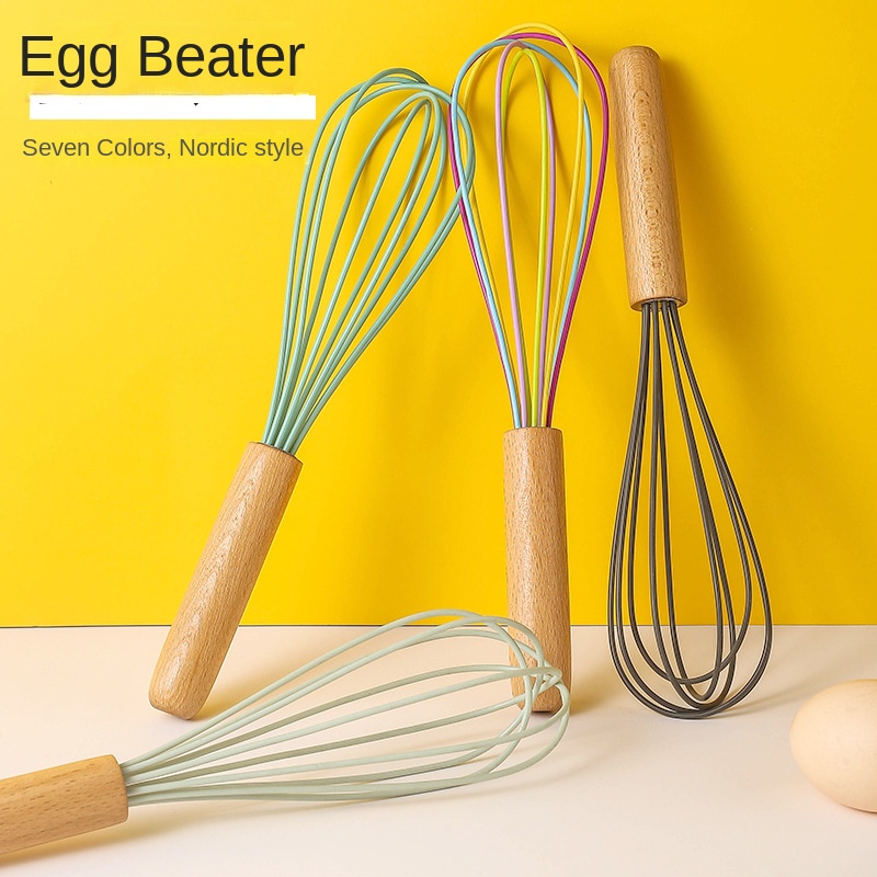 1pc silicone egg beater 10-inch wooden handle manual cake creamer and noodle mixer baking tool