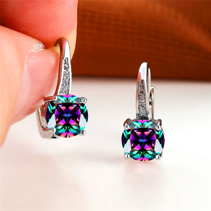 Luxury Female Rainbow Crystal Stone Earrings Classic Silver Color Clip Earrings Simple Bridal Round Wedding Earrings For Women