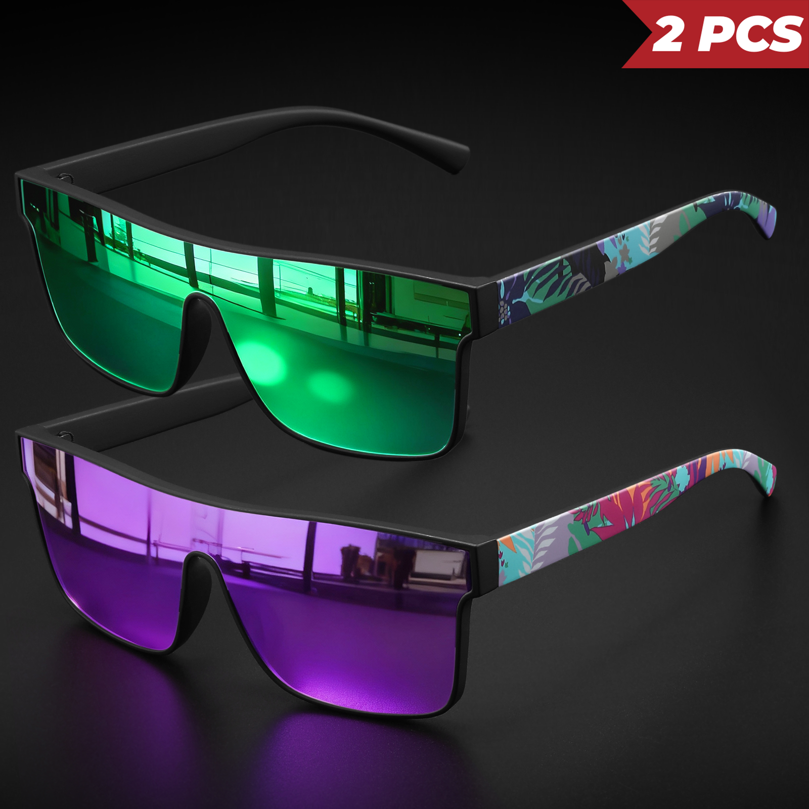 2PCS Classic Fashion Square Sunglasses - Patterned Temples, UV400 Unisex for Cycling, Running & Travel