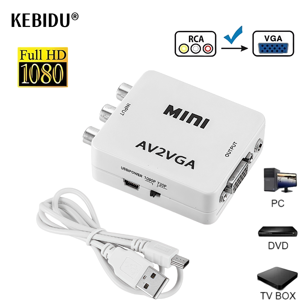 Mini Video Convertor 1080P RCA AV to VGA Video Converter Conversor with 3.5mm Audio AV2VGA / CVBS Audio to PC HD Computer to TV