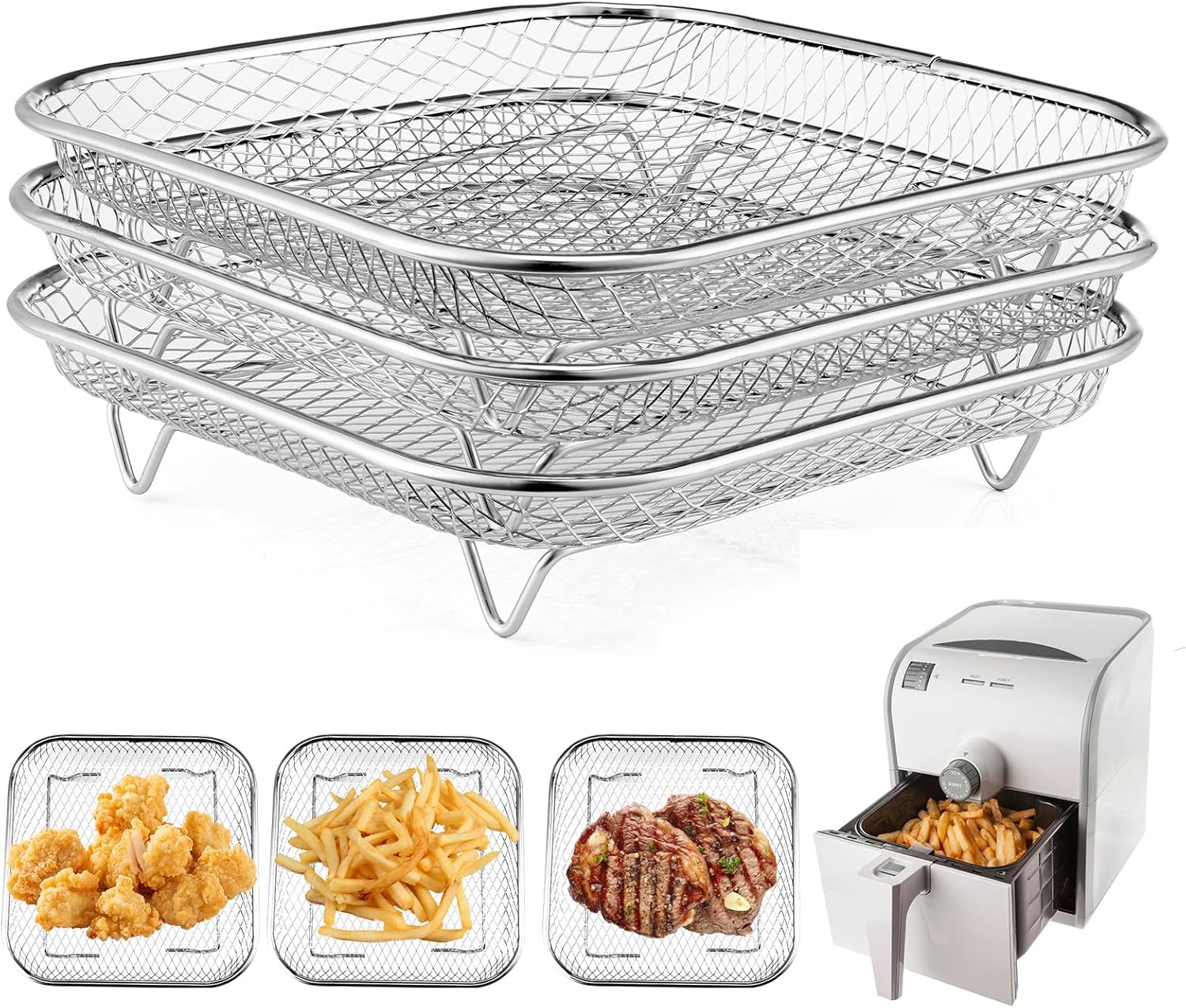 Air Fryer Rack Stackable Multi-Layer Stainless Steel Dehydrator Rack for Cosori, Instant Vortex, Ninja Foodi Grill
