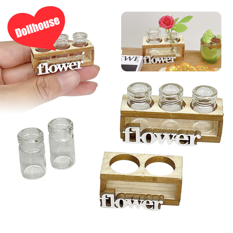 1Set 1:12 Dollhouse Miniature Hydroponic Wooden Flower Arrangement Stand Mini Glass Flower Vase Model Home Garden Decor Toys