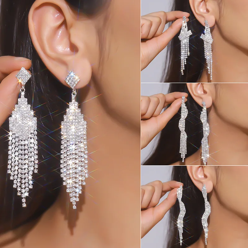 Shiny Colorful Full Rhinestone Earrings for Women Long Tassel Drop Earrings Ladies Party Weddings Jewelry