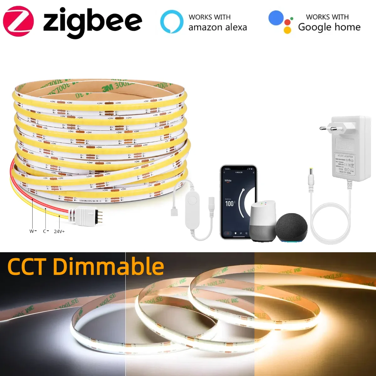 Zigbee 3.0 Smart WiFi CCT COB Strip Light 2700K-6500K Dimmable 608LED/M Work With Zigbee Hub Gateway Alexa Home APP Voice lightify