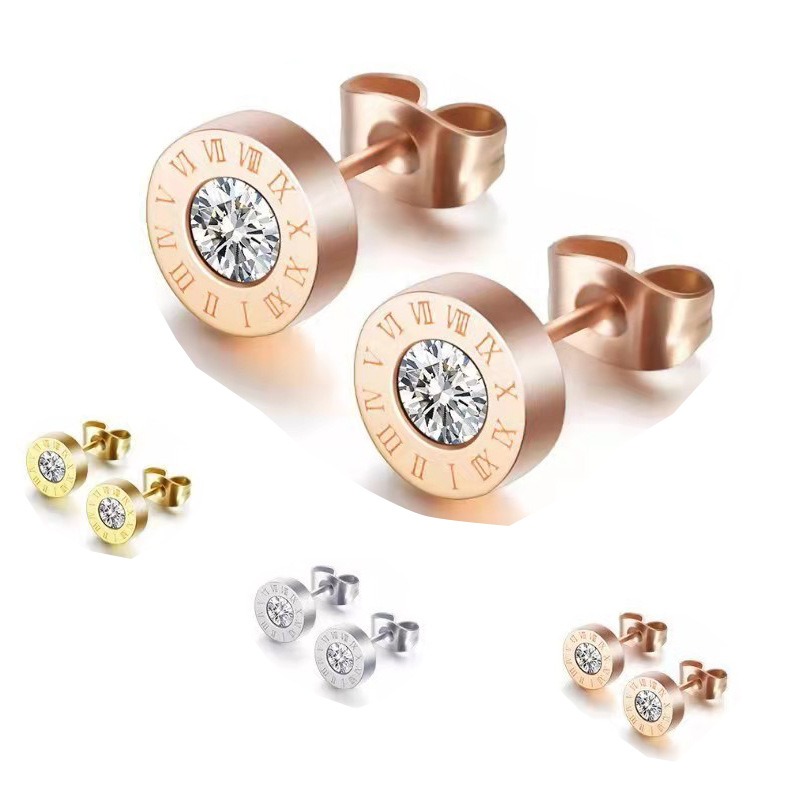 2Pcs 316 Stainless Steel Round Shine AAA CZ Diameter Roman Numeral Stud Earrings For Women, High Quality Piercing Jewelry