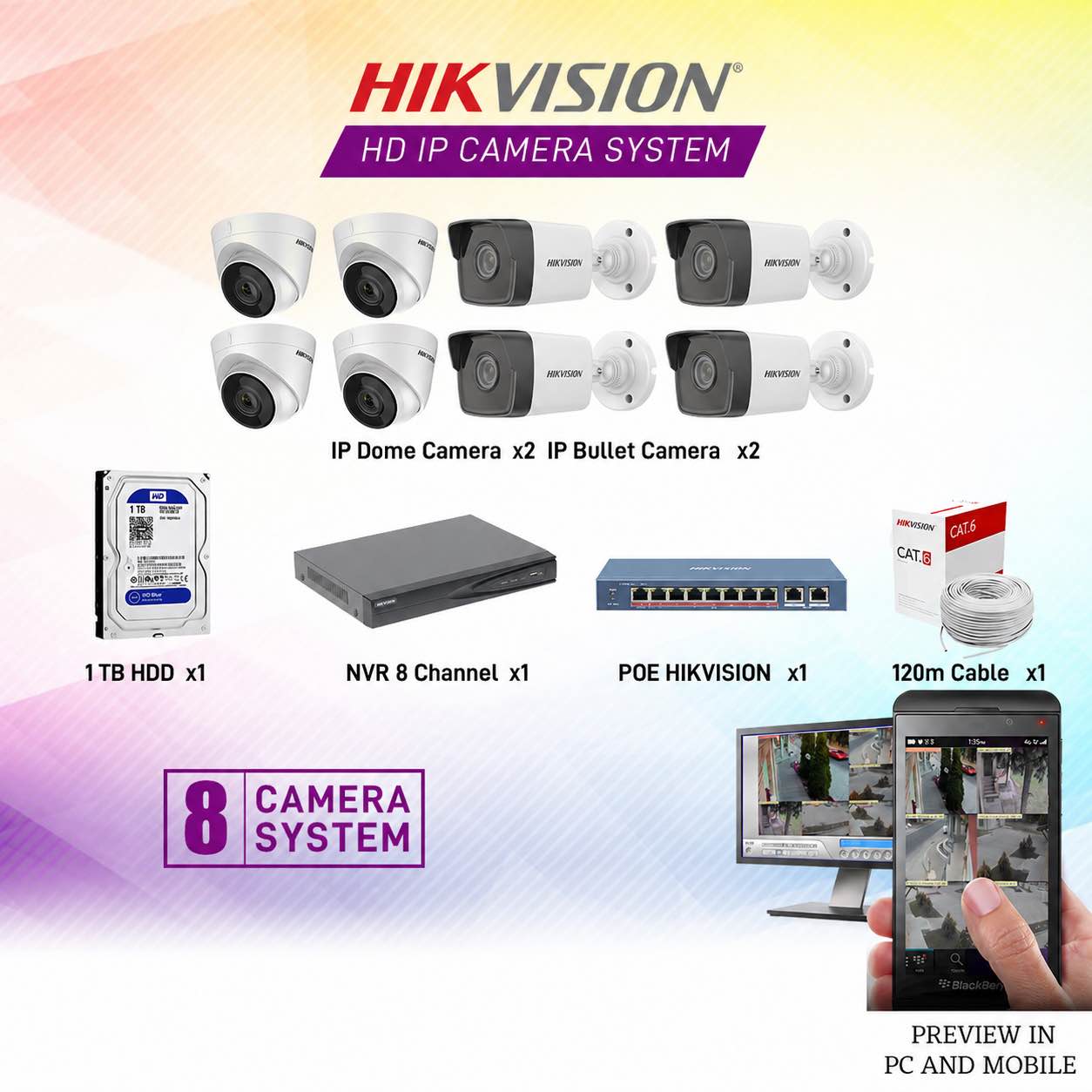 Hikvision 8 Pcs 2 mp Hybrid Light IP Camera Set