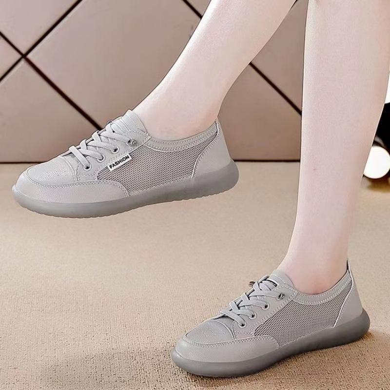 Gentle Style Hollow-Out Women's Shoes | Soft Leather & Mesh Breathable White Sneakers | Casual Commute Versatile Flat Shoes
