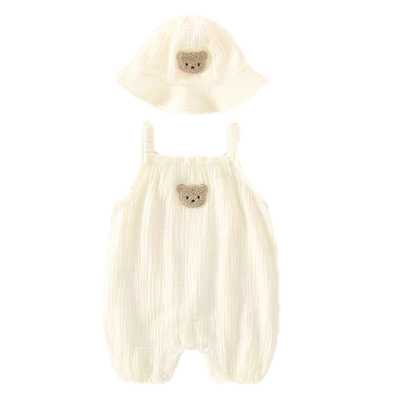 Newborn Baby Summer Thin Bodysuit Girls Sleeveless Suspenders Romper Suit Boys Cute Embroidery Cartoon Pajamas + Hat 2 Piece Set