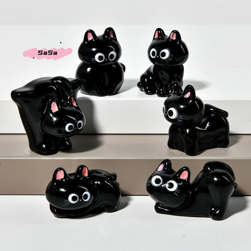 1/6Pcs Cartoon Kitten Miniature Figurine - Cute Black Cat Resin Ornament for Micro Landscape Home Desktop Decor