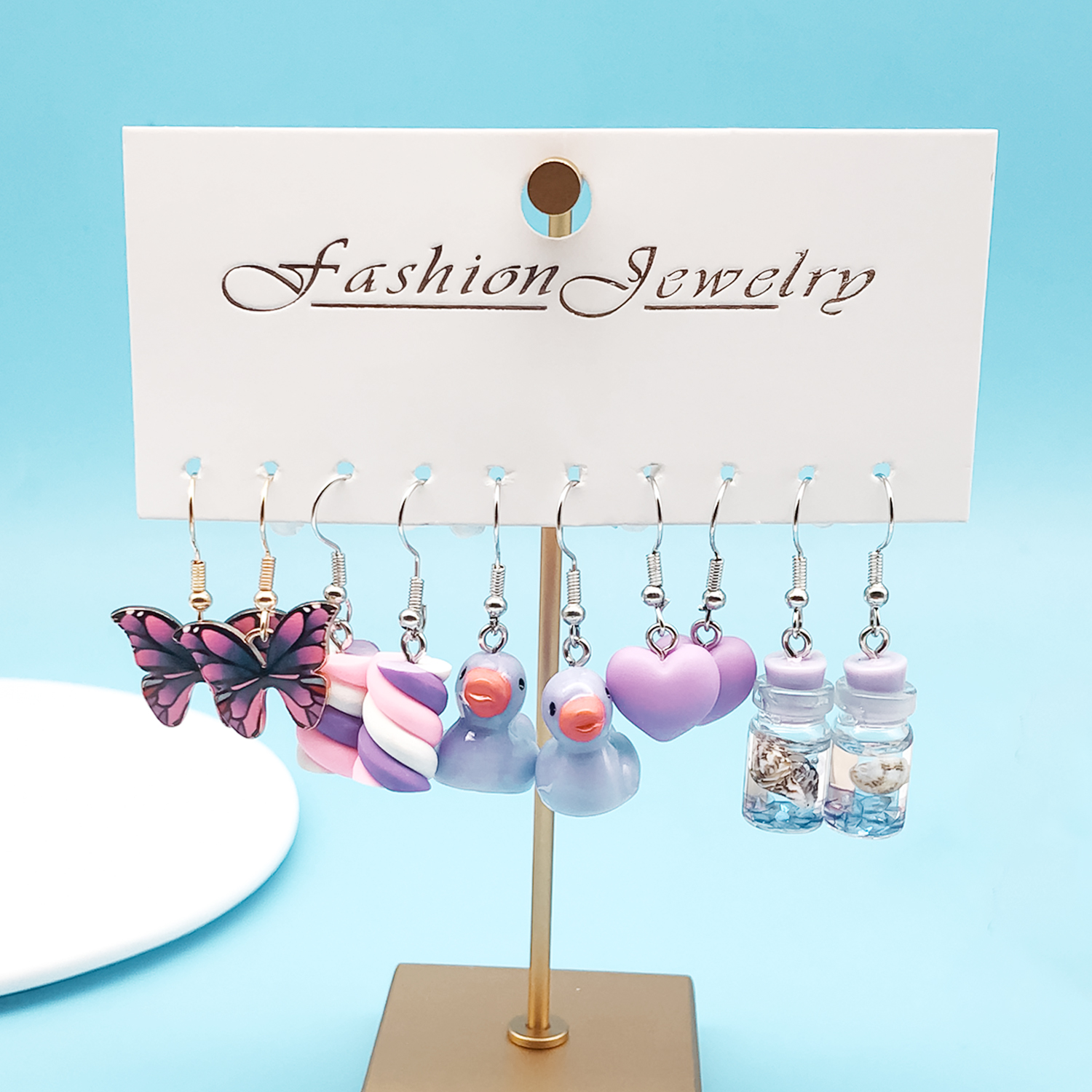 5 Pairs Purple Charms Earrings Cute Alloy Butterfly&Resin Heart Pendants Dangle Earring Set Cartoon Style Female Jewelry s pen gpt