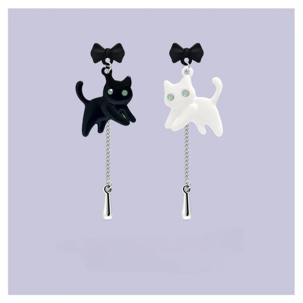 Simple Fashion Niche Asymmetric Cute Cat Earrings Personality Retro Sweet Girl Bow Tassel Street Party Trend EarringsAccessories