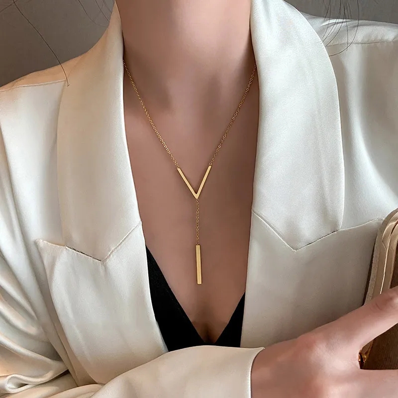 Stainless Steel V Shape Stick Pendant Necklace for Women Ladies Dainty Long Chain Necklace Party Jewelry pen gpt