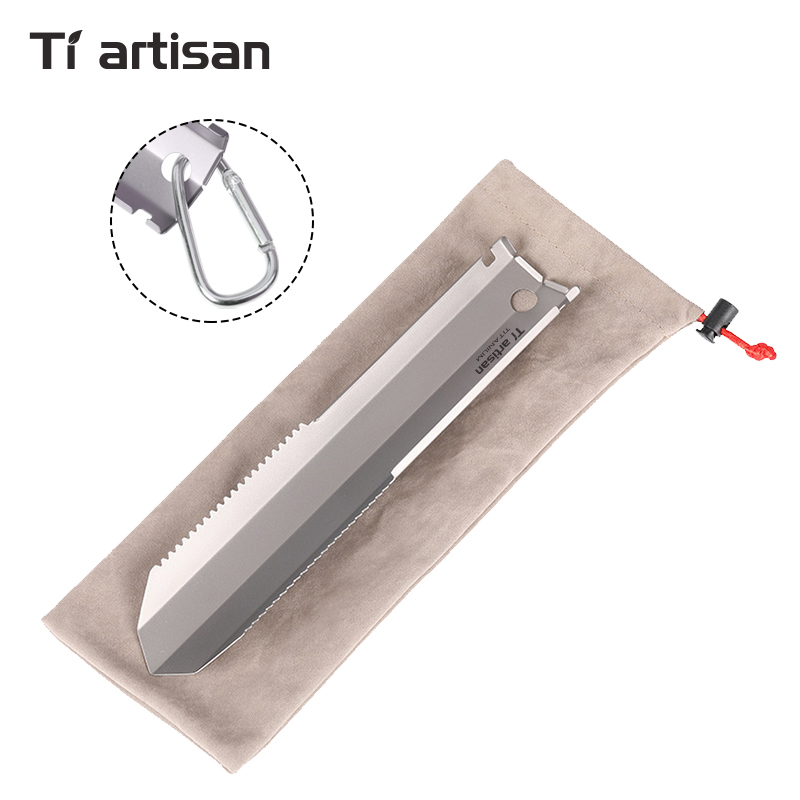 Tiartisan Titanium Serrated Soil Extraction Shovel Multi-Functional Camping Tool Outdoor Lightweight Portable Shovel with Clip