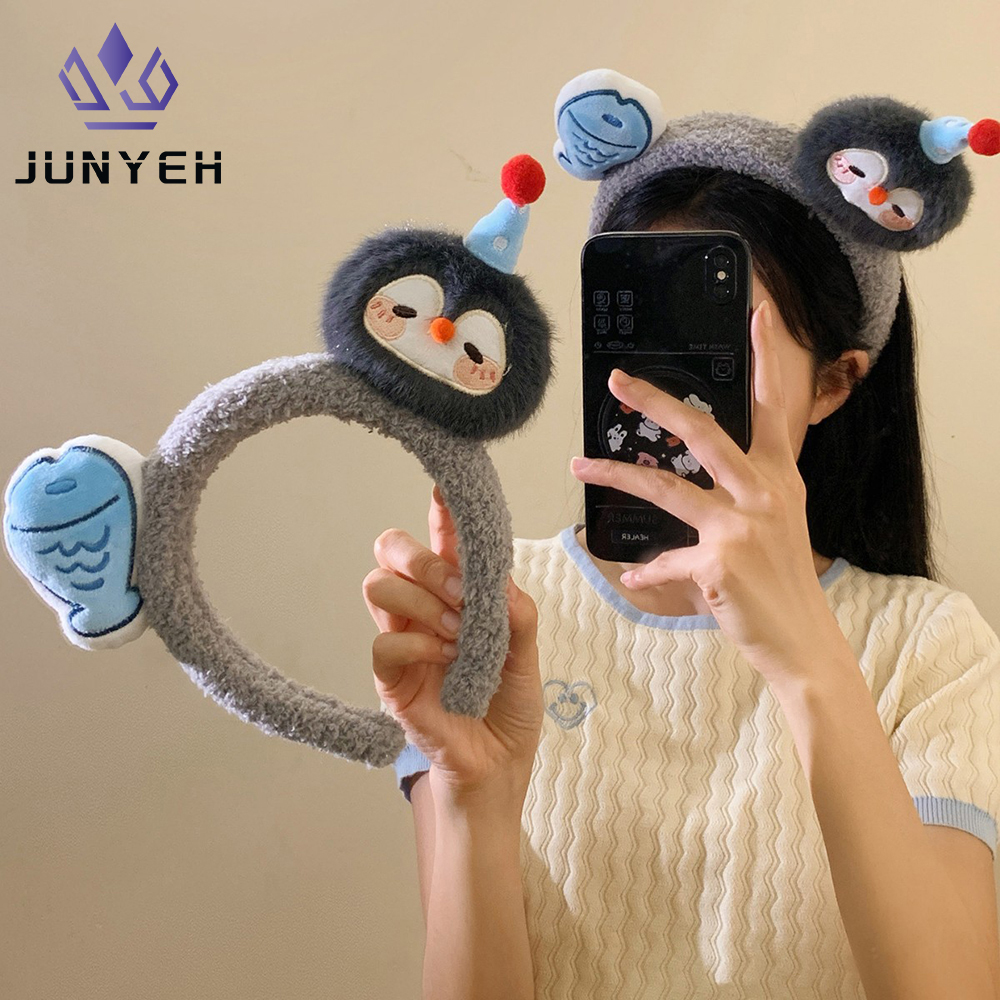 Cute Penguin Fish Plush Hairband Women's Cartoon Face Wash Hairband Makeup Headwear Photo Hair Clip Adorable Hair Accessory