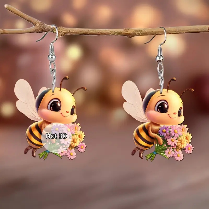 1 pair of acrylic flat bee flower earrings, cute and funny cartoon animal lady earrings