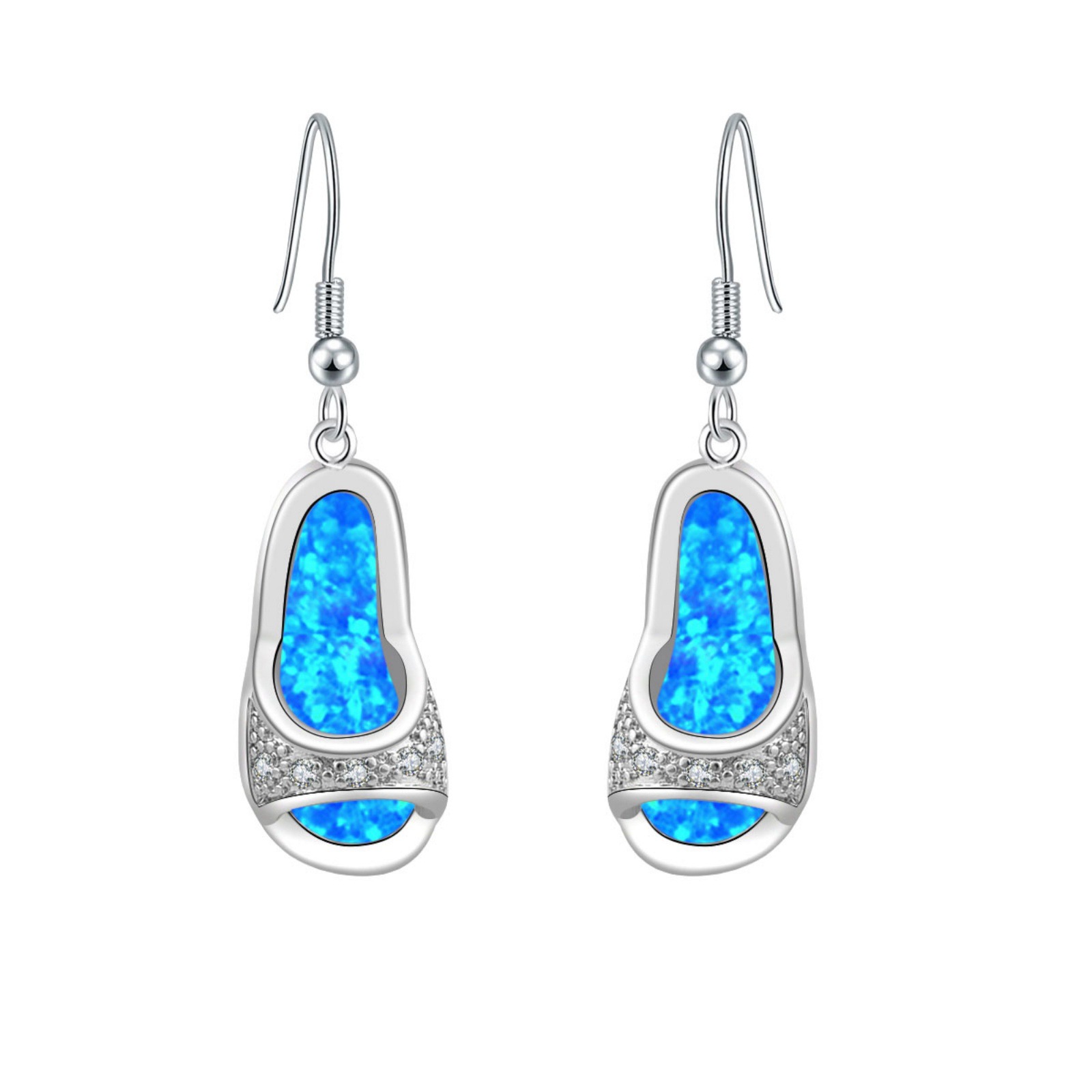 Blue Opal Flat Shoe Earrings for Women,White K Plated Bohemia Style Earrings with Zircon Accent,Whimsical Fashion Jewelry Gift