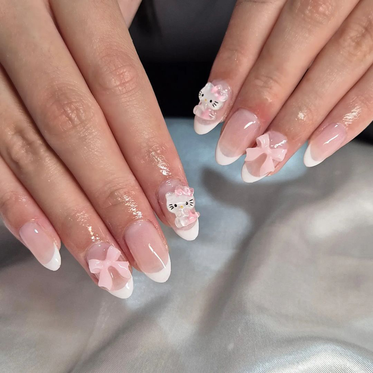 24PCS Almond Armor Nail Patch Sanrio White French Stereo Hello Kitty Drill 3d Pink Butterfly Drill Wear Armor suit
