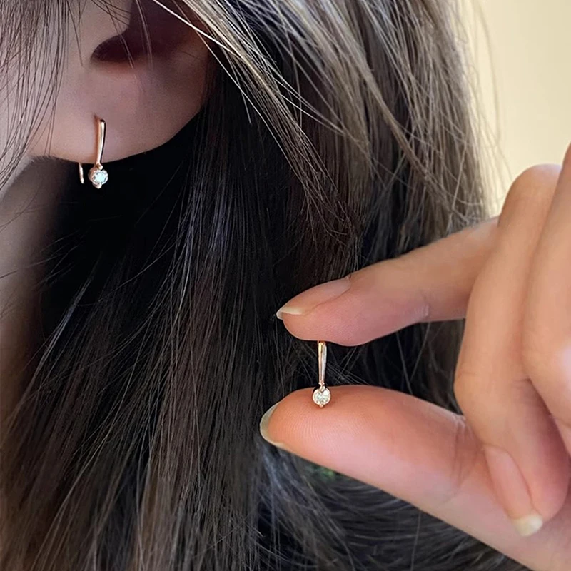 Huitan Minimalist Hook Earrings with Round Cubic Zircon Rose Gold Color Simple Elegant Women Earrings Fashion Versatile Jewelry