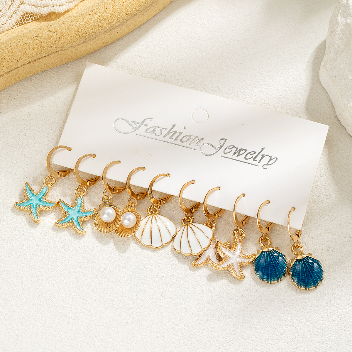 5 pairs of drop oil alloy starfish shell pendant earrings, imitation pearl scallop card earrings pen gpt