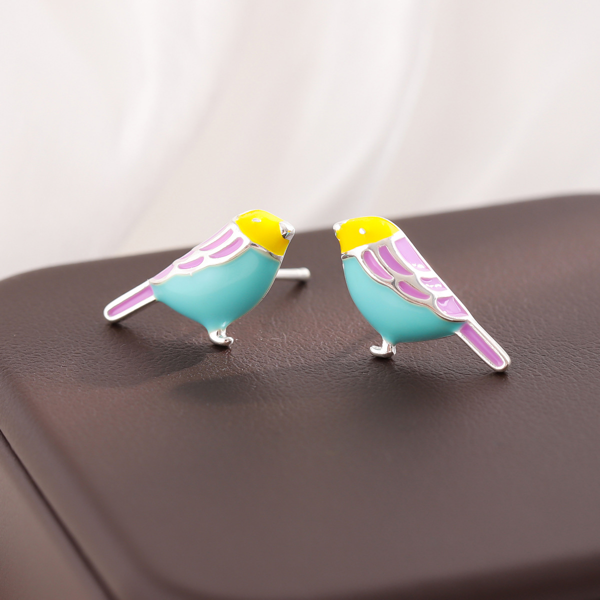 New Arrival Colorful Epoxy Compact Bird 925 Sterling Silver Jewelry Temperament Cute Animal Exquisite Stud Earrings E083