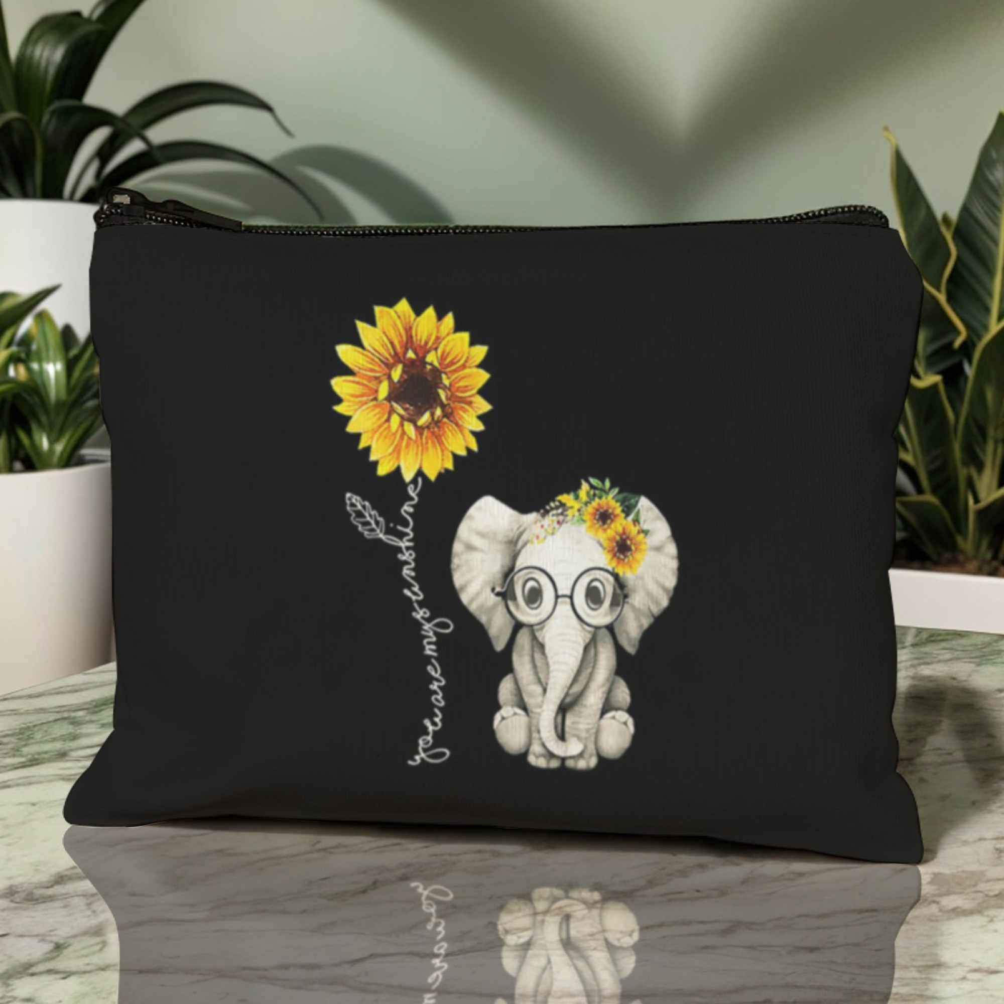 Cartoon Elephant and Sunflower Makeup Bag Portable Home Storage Sundry Bag Toiletry Bag Travel Makeup Organizer Cosmetic Bag