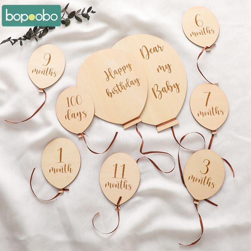 9PCS Baby Wooden Balloon Milestone1-12 Month Card Wooden Milestone Newborn Children Photography Props Birthday Party Decoration