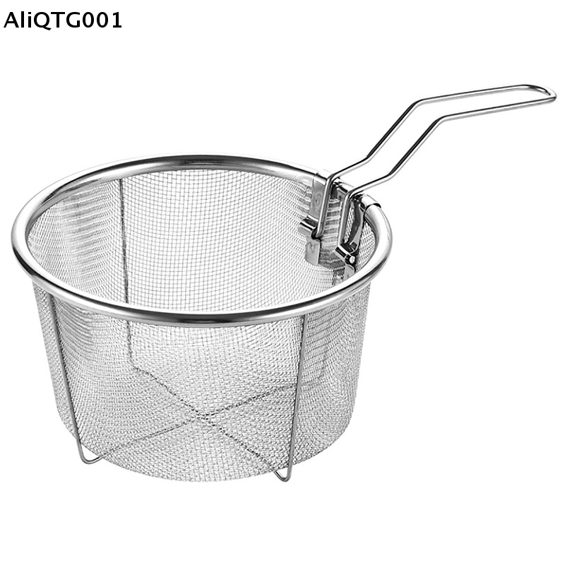 Circular frying pan with wire mesh and handle, French fries filter basket, stainless steel deep fryer basket, kitchen