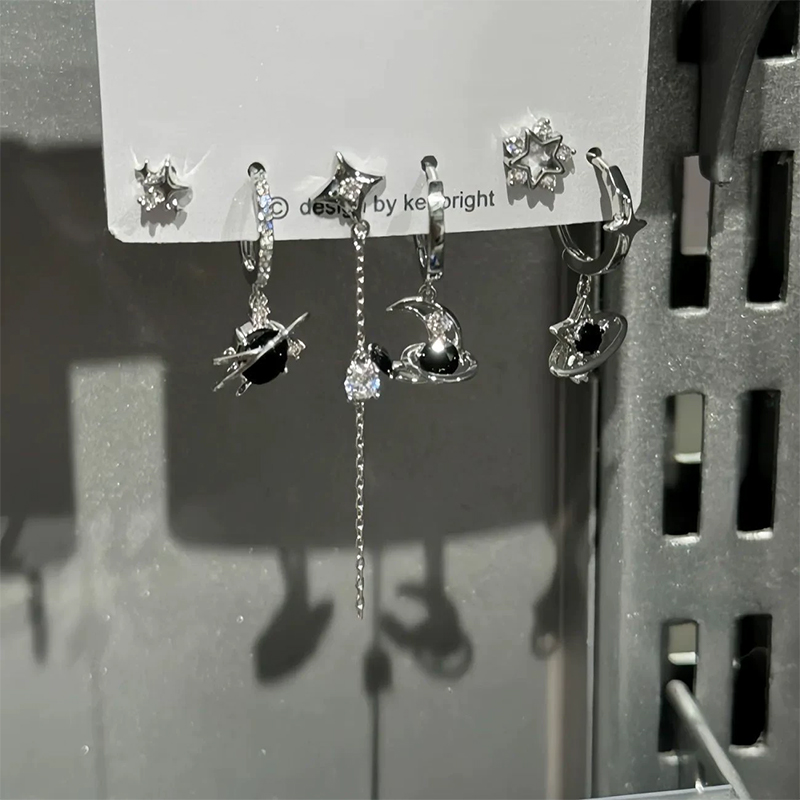 New 6PCS Goth Punk Vintage Aesthetic Crystal Heart Moon Cross Star Pendant Earrings For Men Women Grunge Y2K Jewelry Accessories