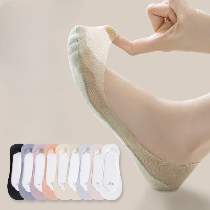 1/5 Pairs Women's No Show Socks, Ice Silk Invisible Anti-Slip Ultrathin for Heels Flats Slippers, Non-Slip Heel Breathable