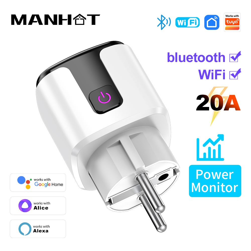 Manhot WiFi+bluetooth Smart Plug 20A EU Smart Socket With Power Monitoring Timing Function For Tuya Voice Control Alice
