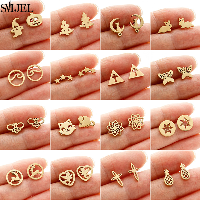 LUXUSTEEL Mini Cute Stainless Steel Stud Earrings Women Girls Heart Butterfly Rabbit Helix Ear Cartilage Piercing Jewelry