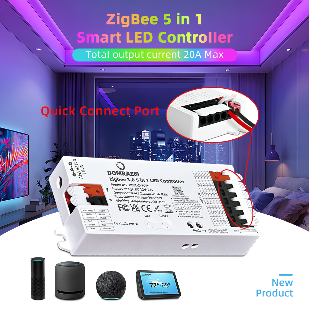 DOMRAEM Zigbee 3.0 5 in 1 LED Strip Controller DIMMER CCT RGB RGBW RGBCCT Compatible with HU*E SmartThings APP Voice 20A Max