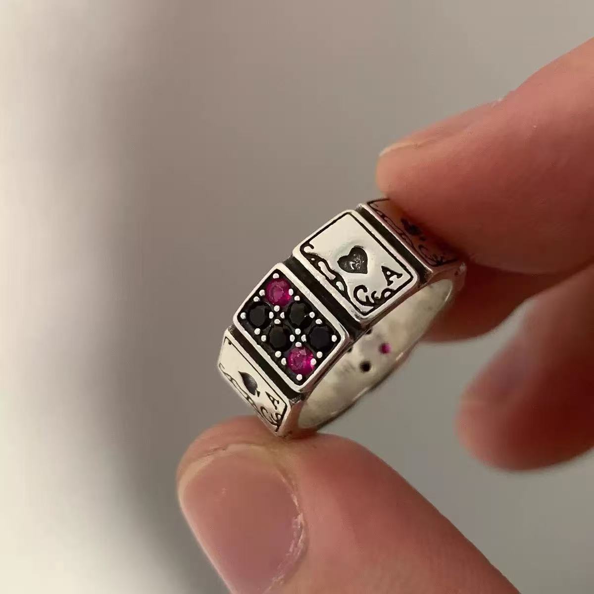 1PCS Aimple And Fashionable Retro Adjustable Poker Card Men's And Women's Antique Silver Ring, Suitable For Daily Party Wear