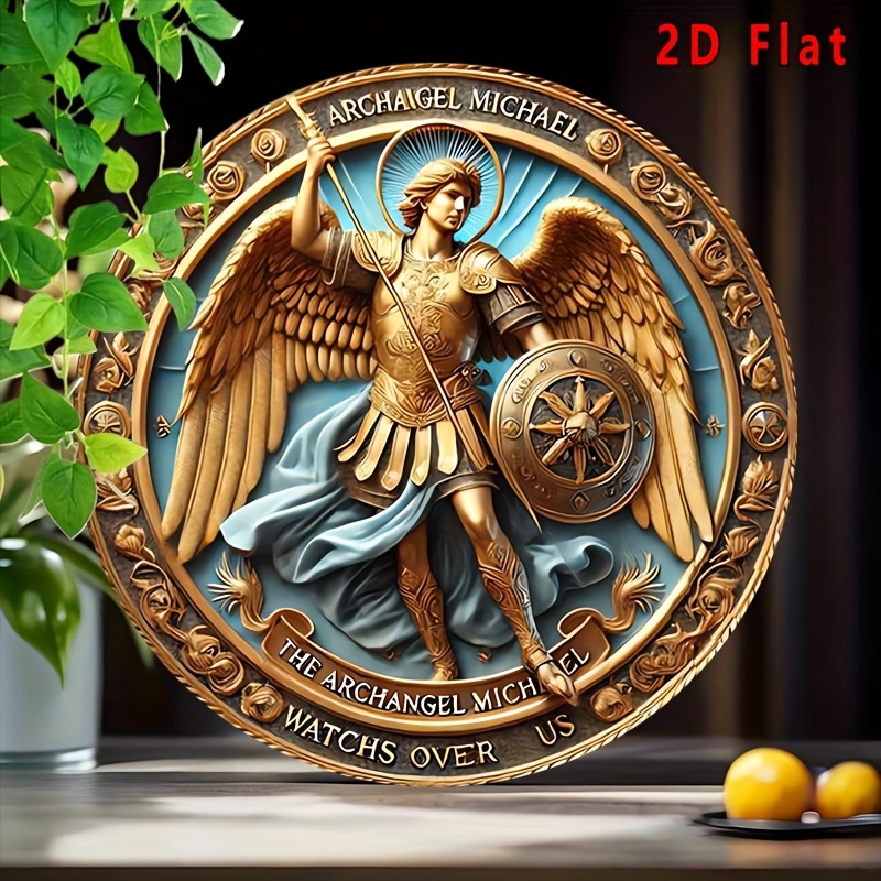 2D Flat - 1pc Archangel Michael Vintage Metal Wall Art - 8x8" Round Iron Tin Plaque with Golden & Blue Design, Eternal Guardian
