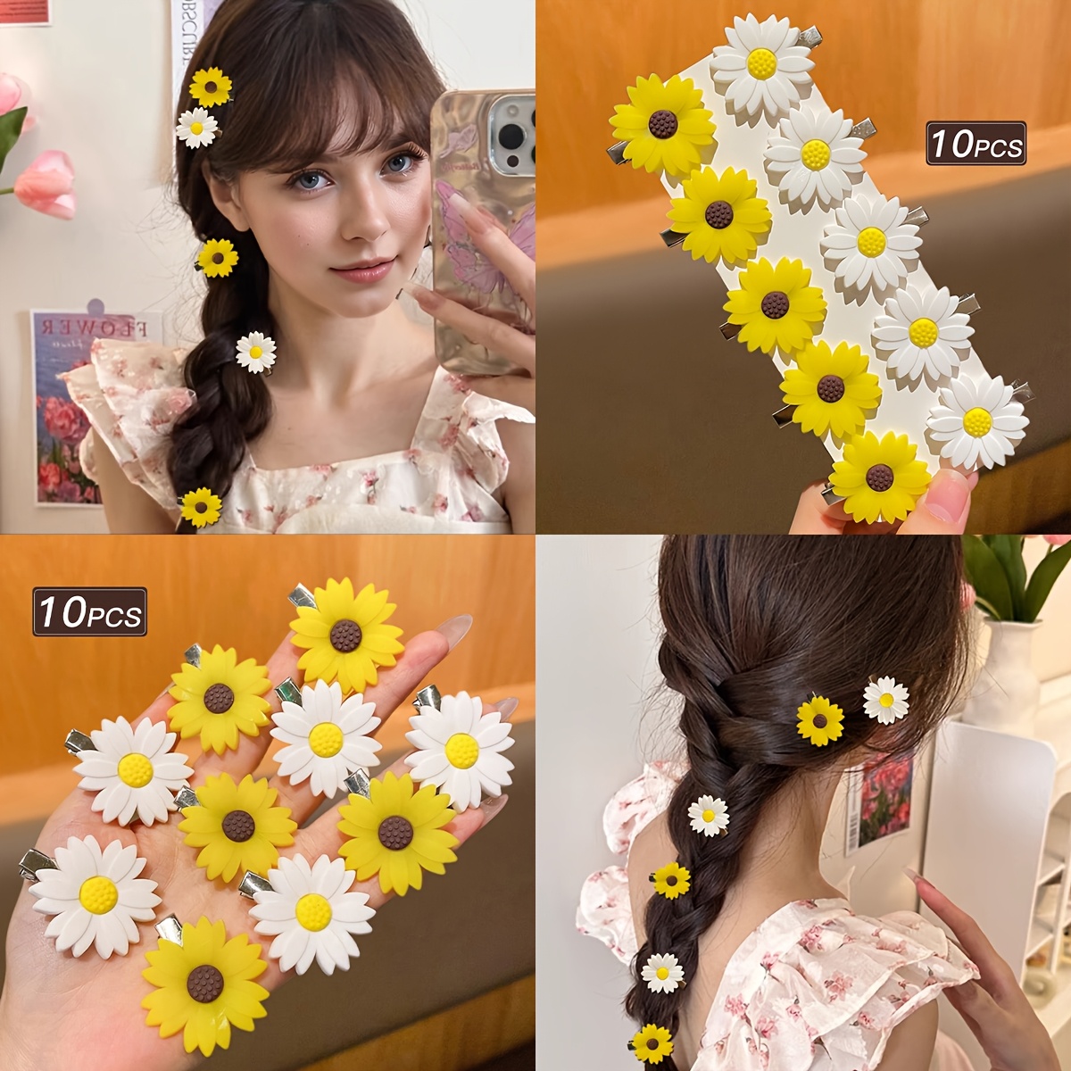 10Pcs for Women, Fashionable and Cute White and Yellow Flower Hairpin Duckbill Clip, Recommended Hair Accessories
