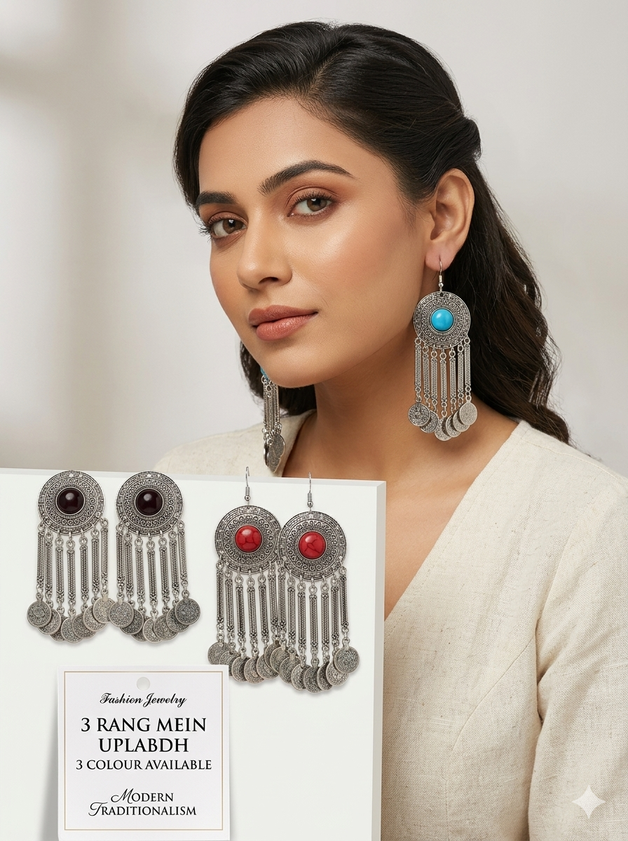 Bohemian Oxidized Silver Drop Earrings with Coins and Colorful Stones - Pack of 3 Colors (Blue, Black, Red) Jhumka for Women and Girls