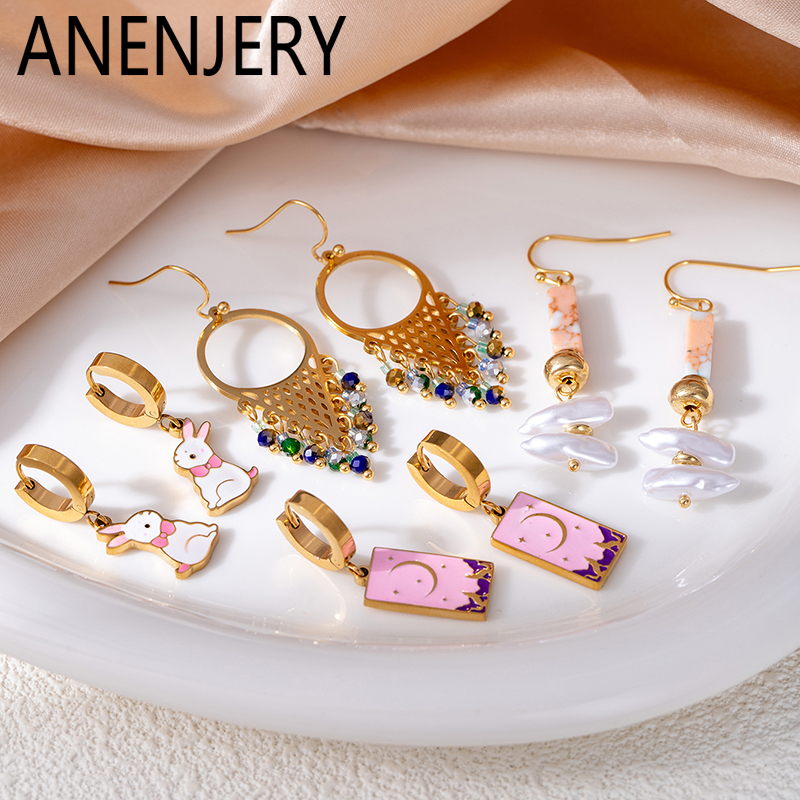 ANENJERY 316L Stainless Steel Rabbit Moon Pearl Dream catcher Earrings For Women Cute Dreamy Niche Design Jewelry Wholesale