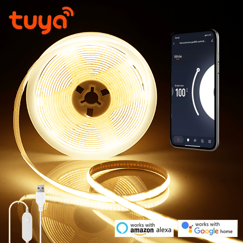 DC5V USB Tuya Smart app WiFi COB LED Strip Light，1M 2M 3M 5M Dimmable COB LED Strip Work With Alexa/Google Home/Smart Life APP lightify