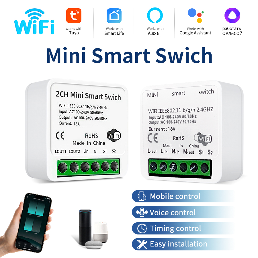 100-240V 16A Mini Tuya WiFi Smart Switch 1/2CH Intelligent Interruptor Relay Breaker Works with Home Alexa Smart Life App